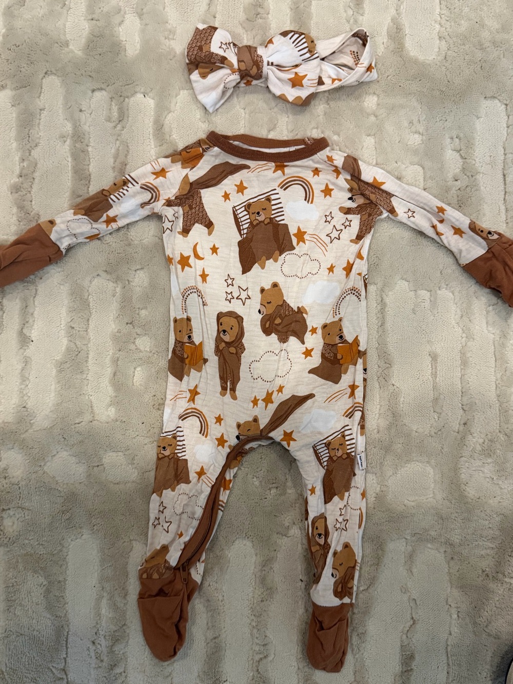 Little Sleepies Cream and Brown Bear Print Footed One-Piece with Headband